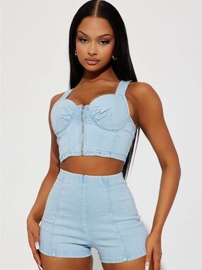 Light Wash Bustier Crop Top with High-Waist Shorts Set
